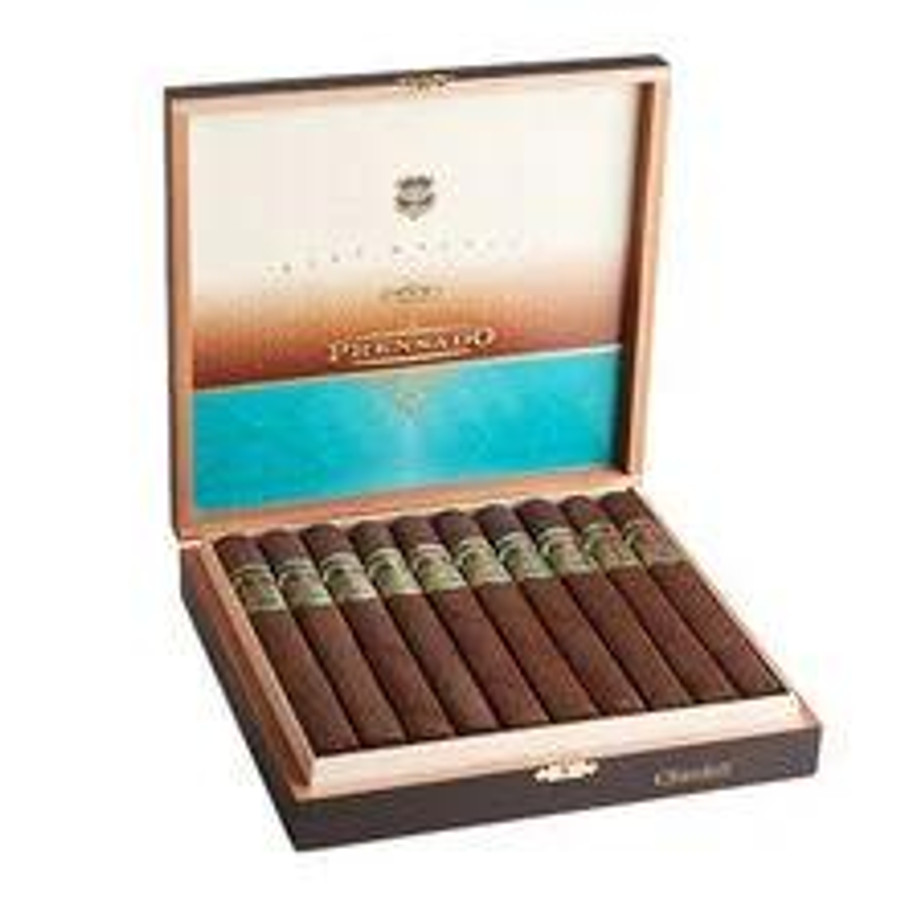 Alec Bradley Cigars Prensado Corona Gorda 24Ct. Box, open cigar box displaying neatly arranged premium cigars inside.