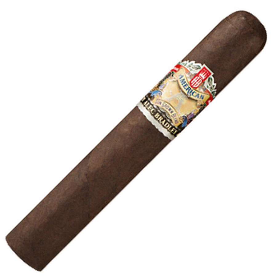 Alec Bradley Cigars American Sun Grown Gordo 20Ct. Box, a single cigar with a dark brown wrapper and a colorful band featuring the brand's logo.