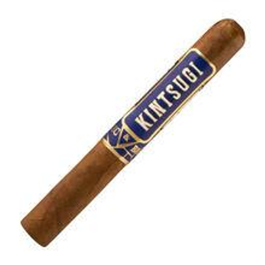 Alec Bradley Cigars Kintsugi Gordo 24Ct. Box, a close-up image of a single cigar with a gold and blue band featuring the Kintsugi logo and design.