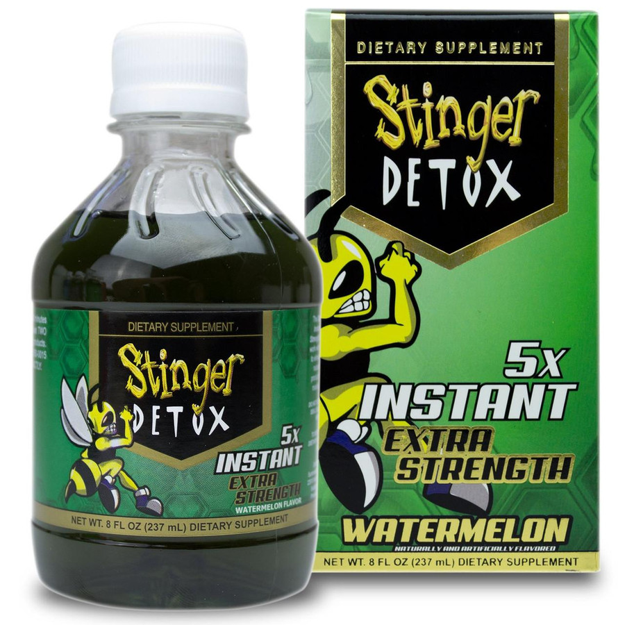 Stinger Detox Stinger Instant 5X Extra Strength Detox Watermelon, 8oz bottle and box with energizing bee character, green background, and bold text indicating instant detox and extra strength features.