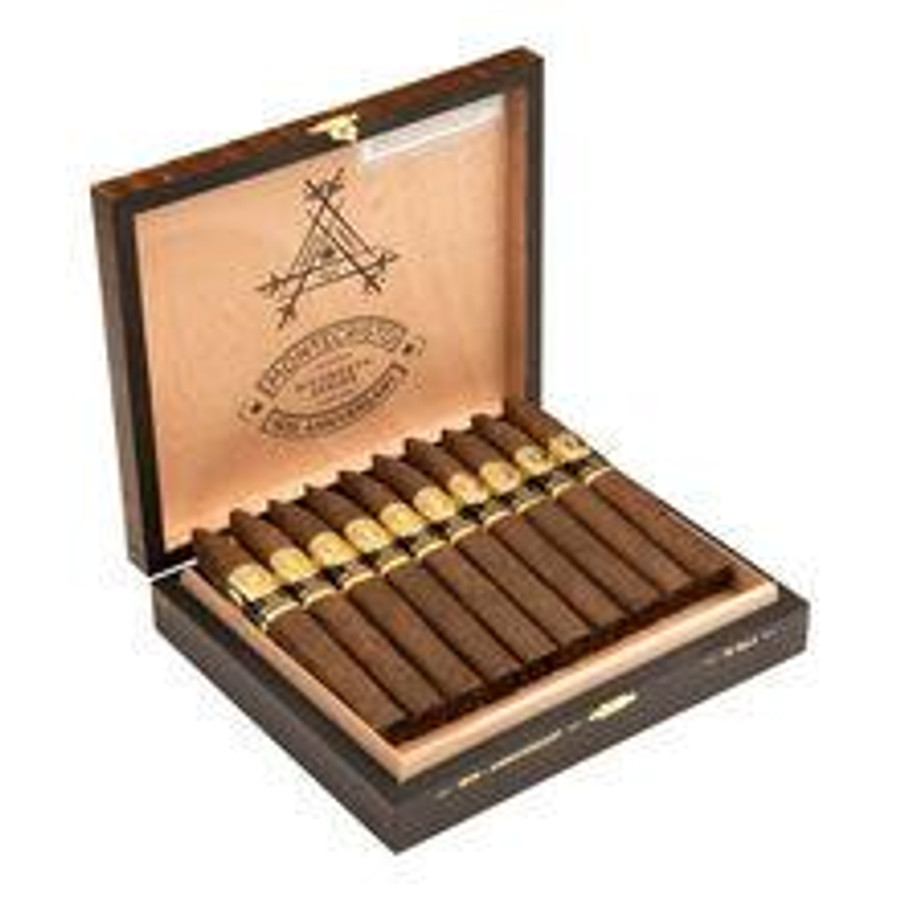Montecristo Cigars 1935 Anniversary Nicaragua No. 2 10Ct. Box, open box showing ten premium cigars with gold and brown wrappers neatly arranged inside a wooden box.