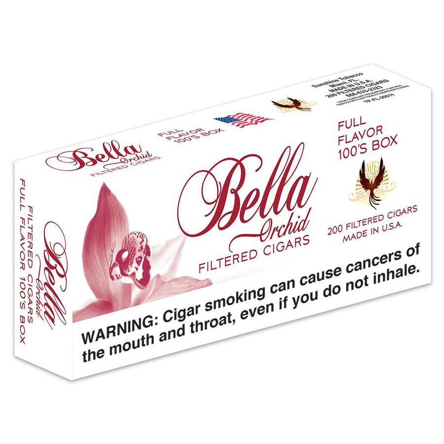 Sunshine Tobacco Bella Filtered Cigars Full Flavor, packaging front view showing box design with an orchid flower, eagle logo, and warning label.