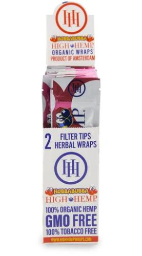 High Hemp Wraps Hubba Bubba 25ct, packaging of organic hemp herbal wraps with filter tips and colorful branding.