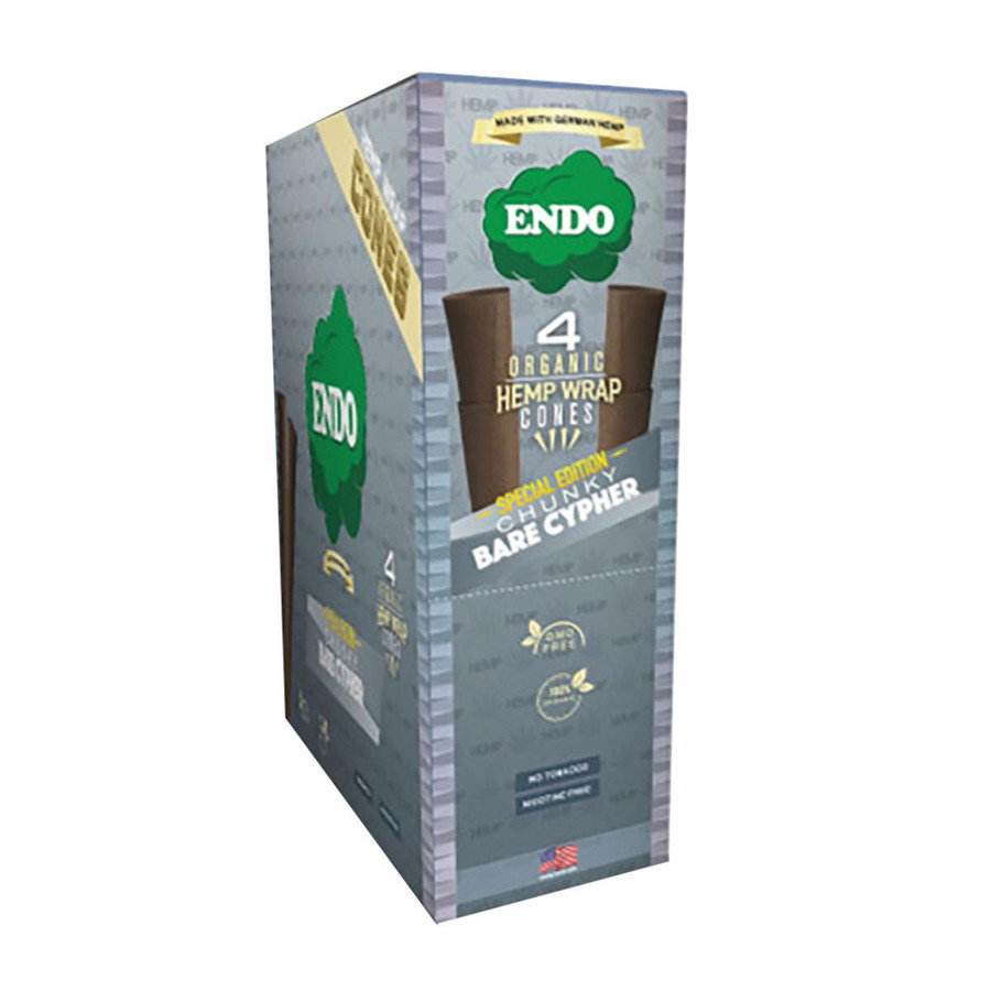Endo Organic Hemp Wrap Cones Natural 4pk 15pc, image of a box containing four packs of organic hemp wrap cones for rolling cigarettes.