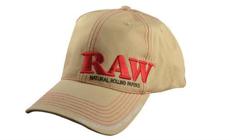 RAW Tan RAW Hat with Poker, beige baseball cap featuring red embroidery of 'RAW' logo and poker design. RAW Tan RAW Hat with Poker, beige baseball cap featuring red embroidery of 'RAW' logo and poker design.