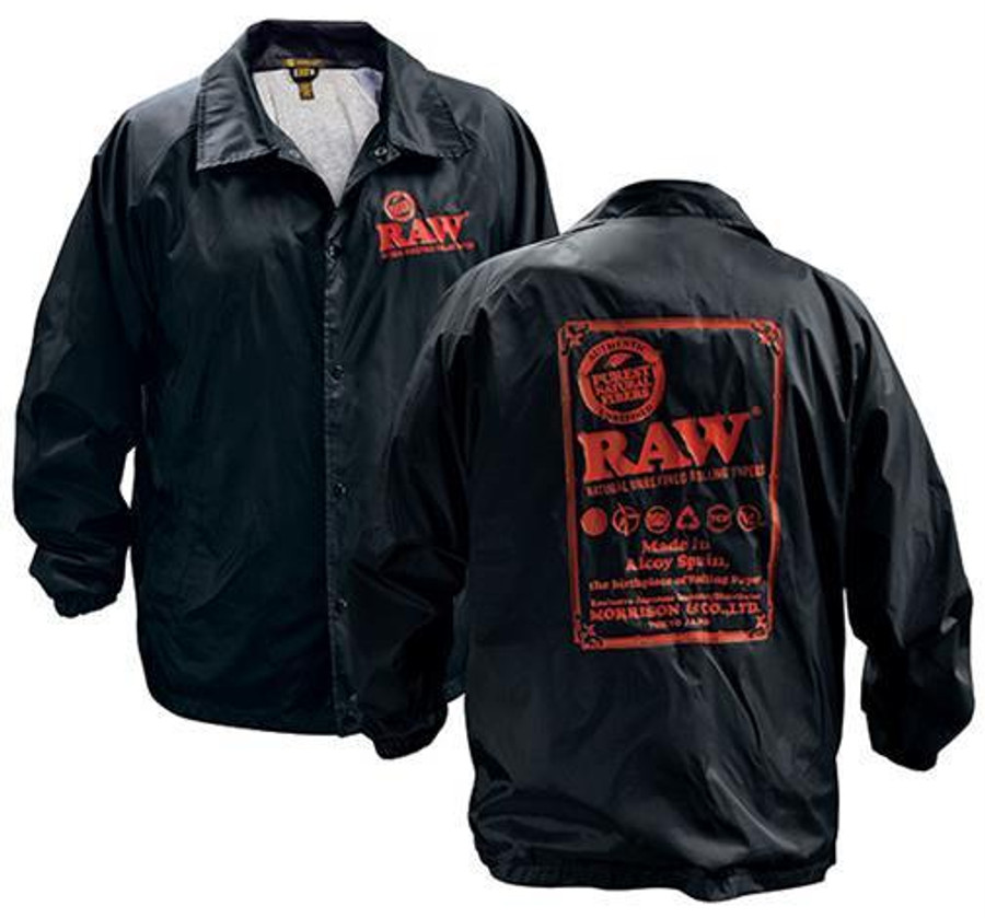 RAW Black Coachs Jacket, front and back view featuring red logo and graphic design details.