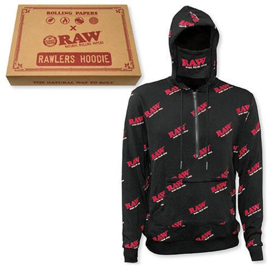 RAW Rawlers Zip Hoodies, black hoodie with pink and white RAW logo print, full front view.