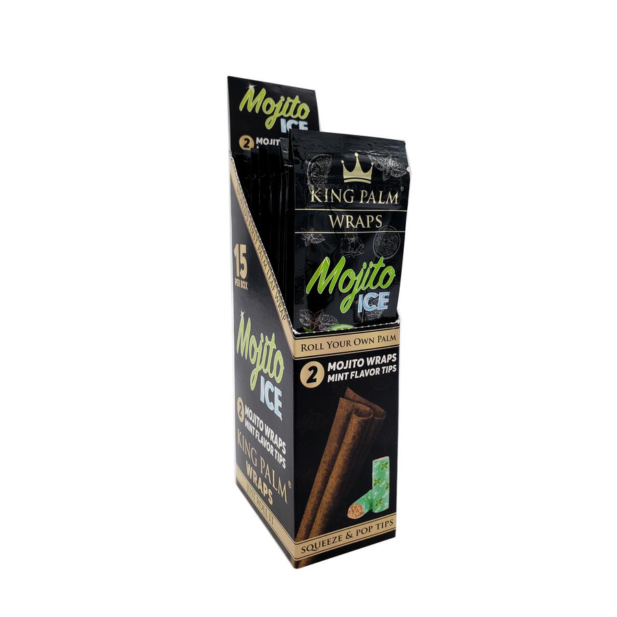 King Palm Wraps King Palm XL Wraps Mojito Ice 15/2 Pk, a box of large Mojito Ice flavored palm leaf wraps with mint flavor tips designed for rolling your own cannabis or herbal wraps.