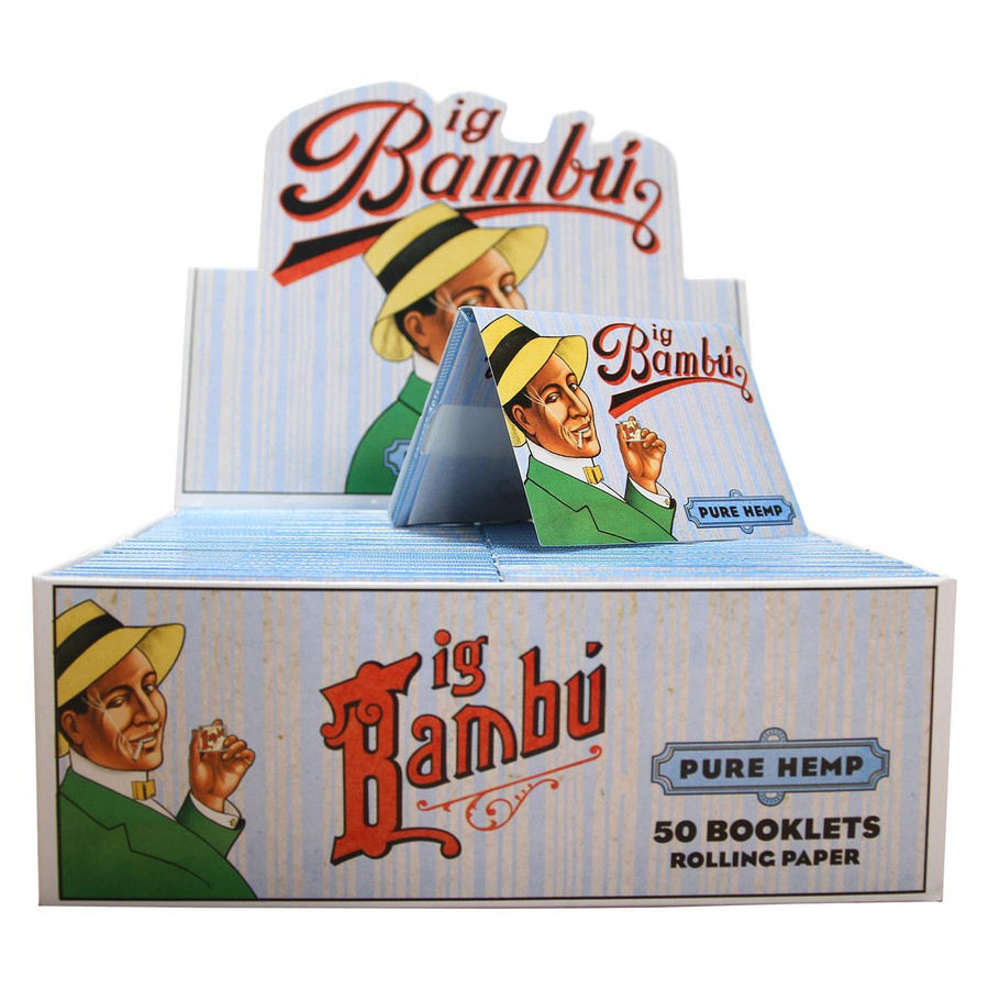 Big Bambu Papers, box of King Size Pure Hemp Rolling Papers with 50 booklet packs featuring colorful branding and illustration of a man in a hat holding a small rolled paper.