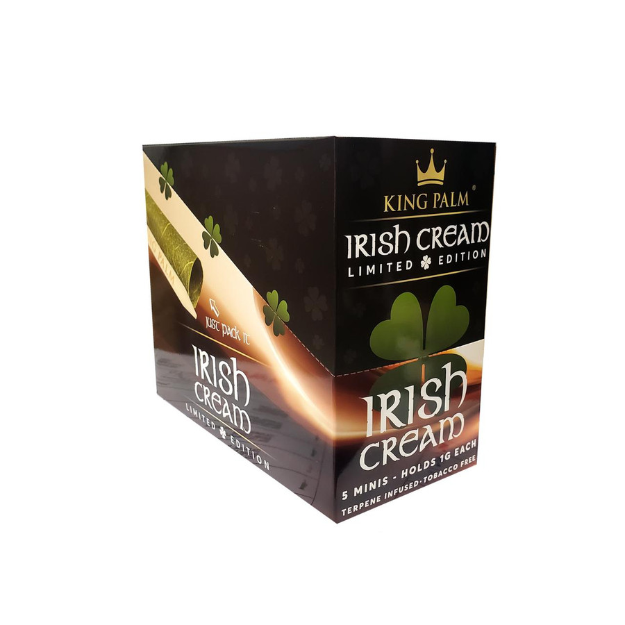 King Palm Irish Cream Terpene Infused Minis Rolls 15/5, black packaging box with green shamrock graphic and gold crown logo.