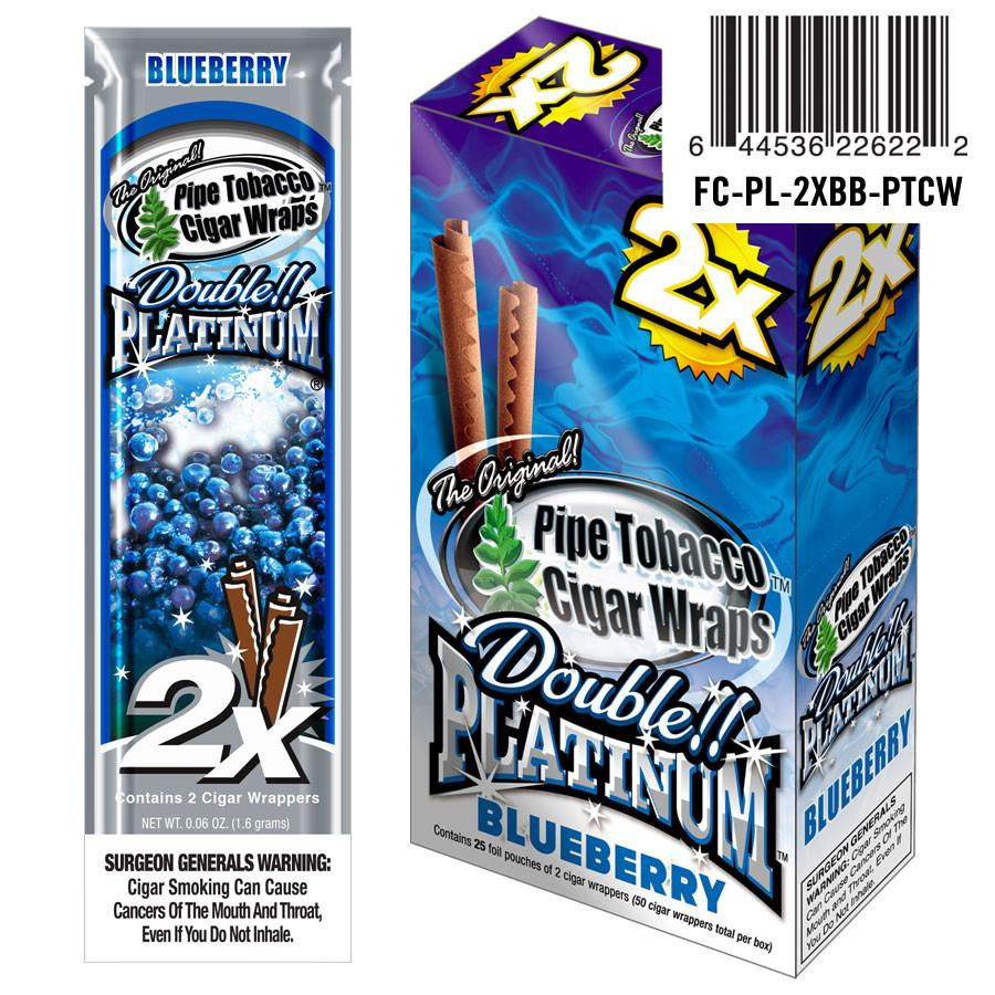 National Almond Honey Double Platinum Blunt Wraps Blueberry, image of blueberry flavored cigar wraps in a blue and silver package featuring the product name and branding with an illustration of the wraps.