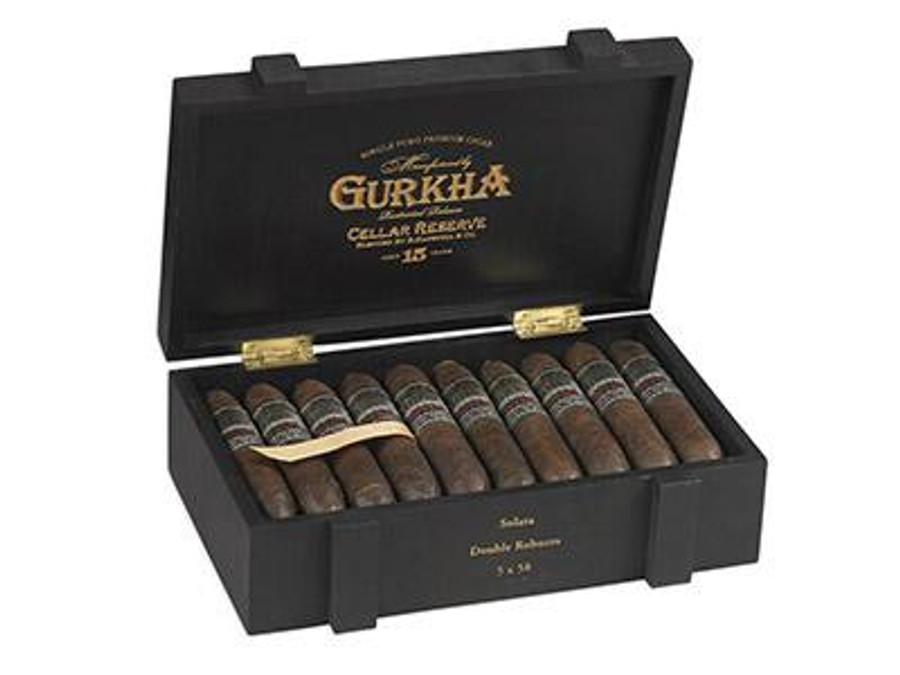 Gurkha Cigars Cellar Reserve Limitada Solara-Dbl Robusto 20 Ct. Box, open black cigar box containing twenty cigars with labels, displayed on a flat surface. Gurkha Cigars Cellar Reserve Limitada Solara-Dbl Robusto 20 Ct. Box, open black cigar box containing twenty cigars with labels, displayed on a flat surface.