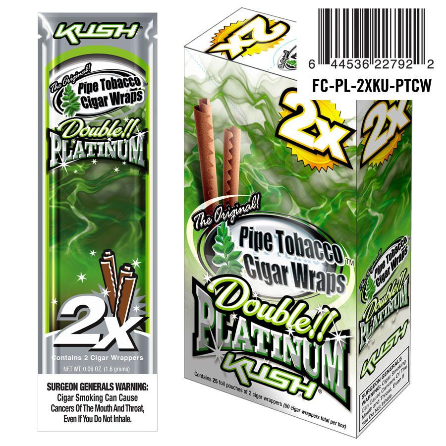 National Almond Honey Double Platinum Blunt Wraps Kush 25/2 Ct, image of green and white package with cigar wraps and branding.