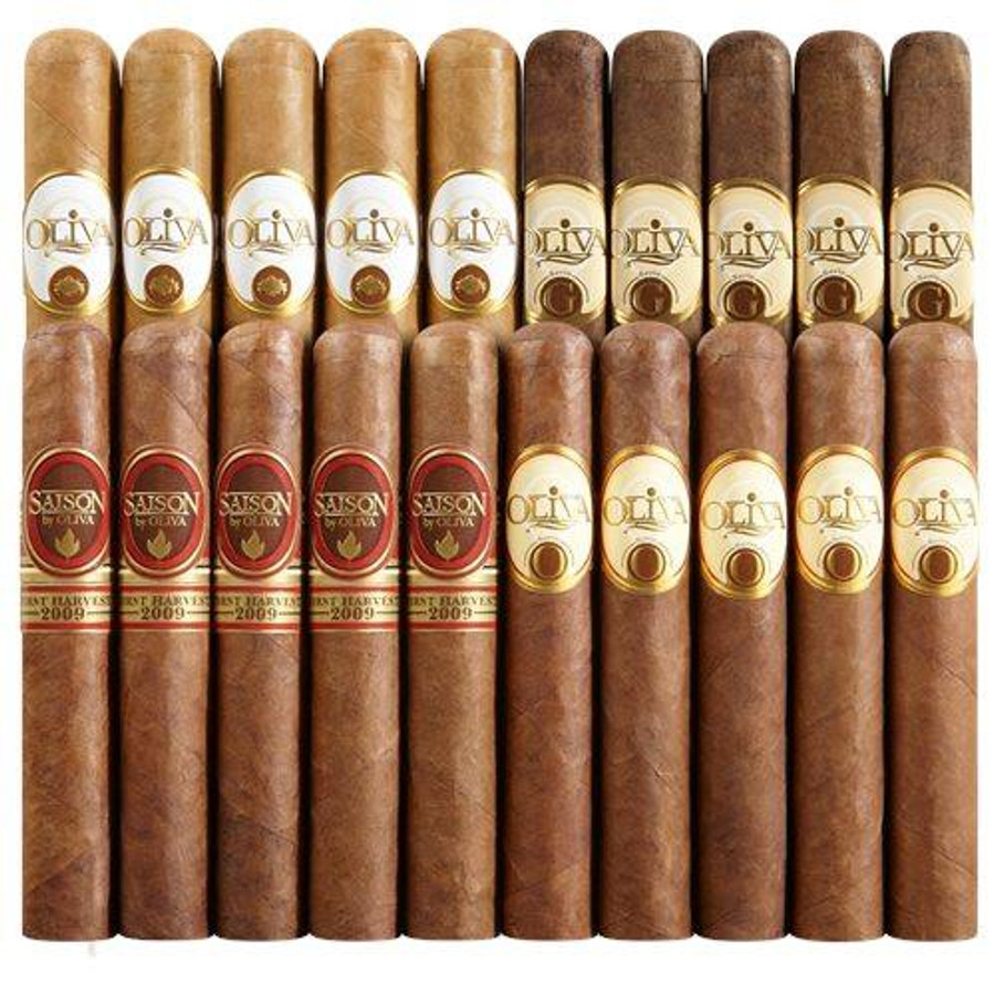 Oliva Cigars Top Twenty Brand Sampler 20CT, an assortment of cigars with various shades of brown wrappers arranged in a row. Oliva Cigars Top Twenty Brand Sampler 20CT, an assortment of cigars with various shades of brown wrappers arranged in a row.