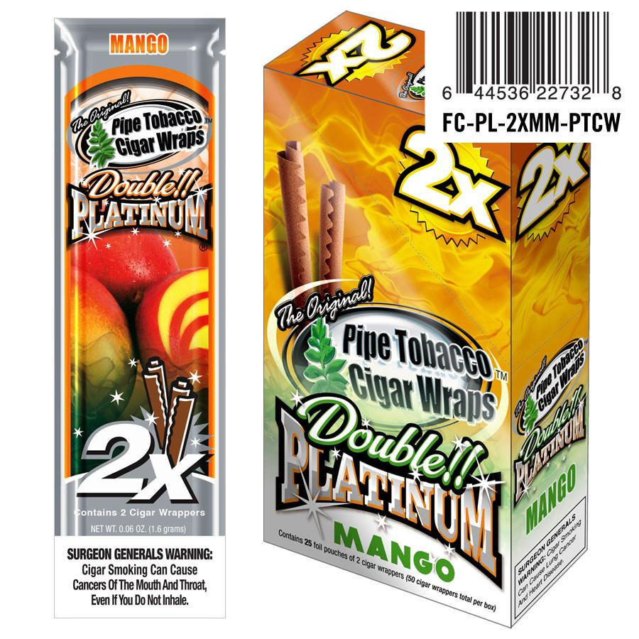 National Almond Honey Double Platinum Blunt Wraps Mello Mango, packaging box with orange and yellow flames design and two cigar wraps shown.