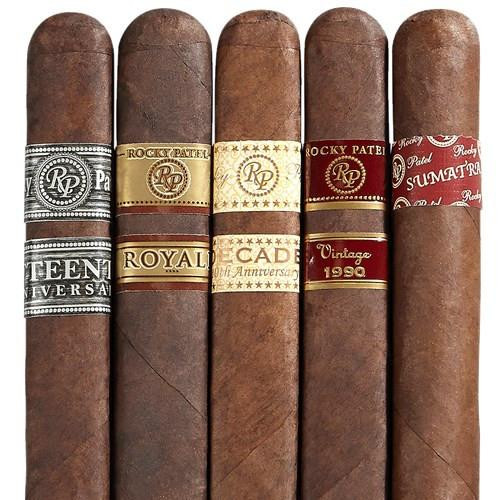Rocky Patel High End Sampler 5 Cigars, assorted cigars in various bands and labels, ideal for cigar enthusiasts.