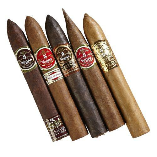 5 Vegas 5 Cigars Torpedo Collection Sampler, set of five premium cigars with different flavors and labels, showcasing diversity in cigar types and packaging.