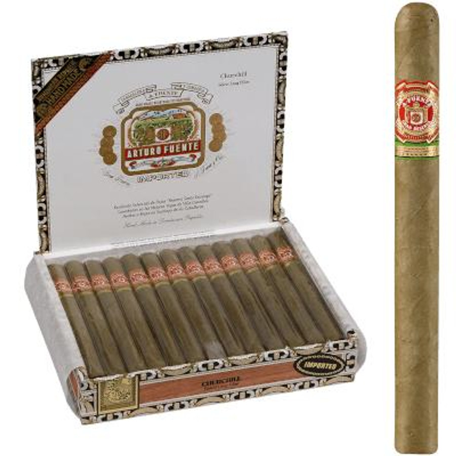 Arturo Fuente Cigar Churchill Claro 25 Ct. Box, open box displaying 25 cigars with elegant labeling and packaging, alongside a single cigar showcasing its classic natural wrapper and red and gold band.