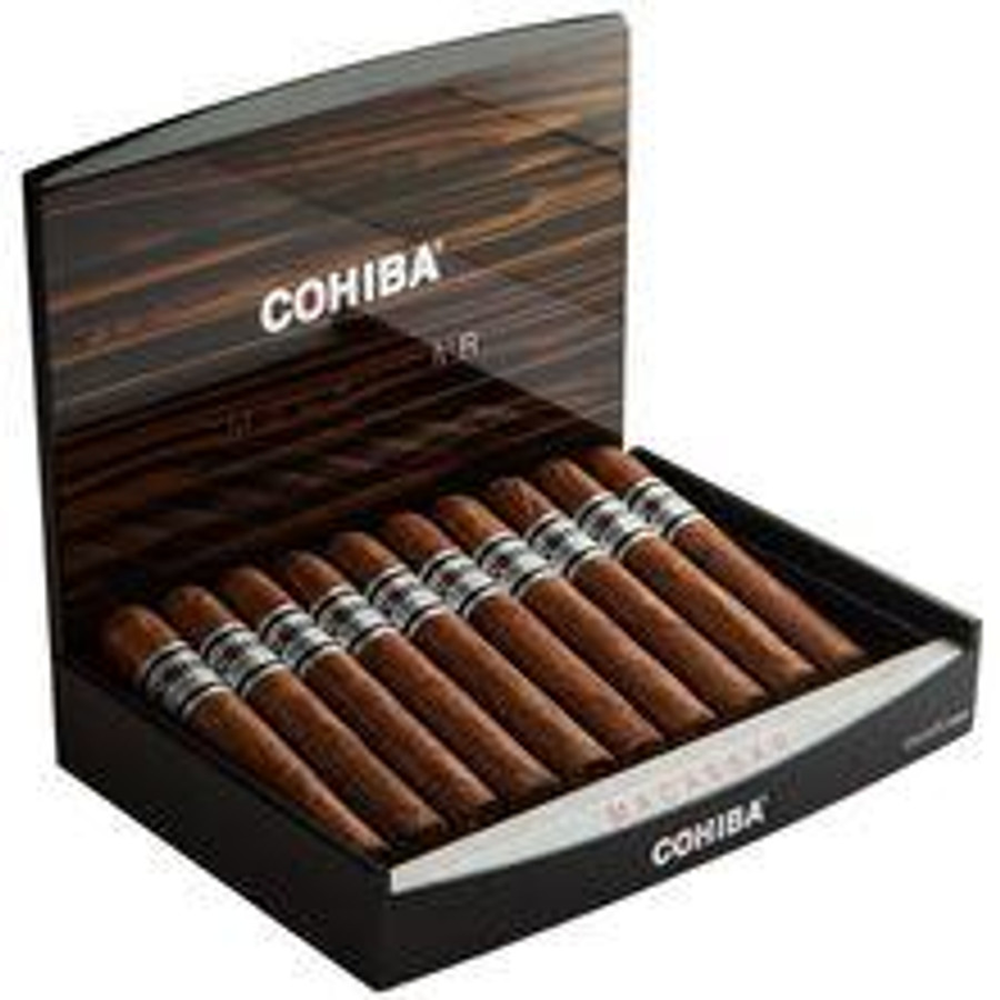 Cohiba Macassar Double Corona Cigars 10Ct. Box, open black box showcasing 10 well-lit cigars with silver bands, inside a luxurious wooden interior.