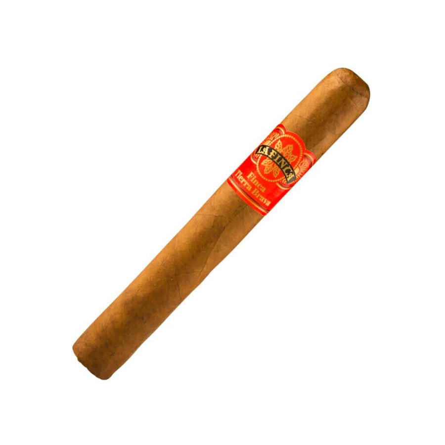 La Finca Tierra Brava Churchill Cigars 20Ct. Box, a single cigar with a red and gold band, displayed against a white background.