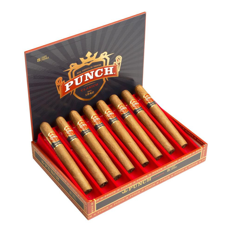 Punch Cafe Royale Cigars 8 Ct. Box, set of eight cigars with light brown wrappers in a branded red and black display box.