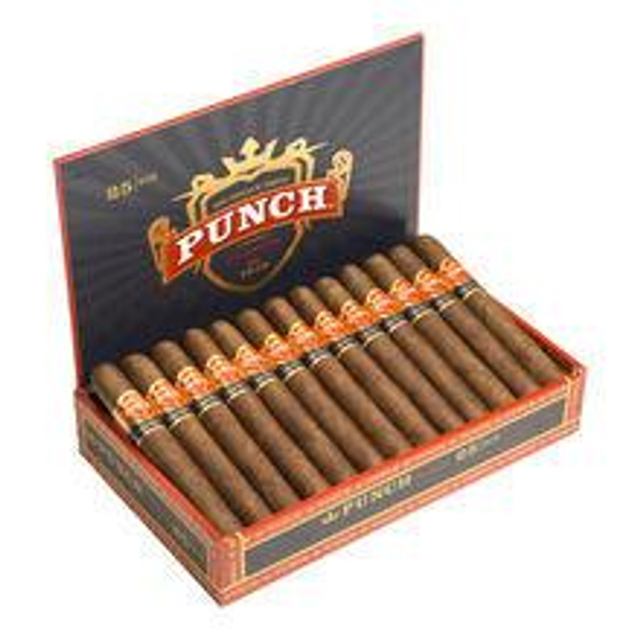 Punch Elite Oscuro Cigars 25Ct. Box, open box showing neatly arranged cigars with dark wrapper and orange bands, inside a black and orange box
