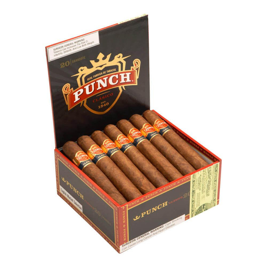 AJ Fernandez Punch Clasico Grandote Cigars 20Ct. Box, open box displaying ten cigars with brown wrappers and Punch branding.