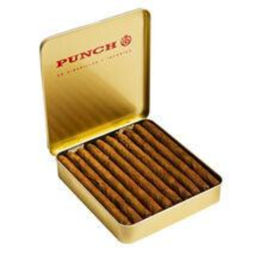 Punch Cigarillo Tins, open gold-colored tin containing 10 packs of 20 cigarillos each