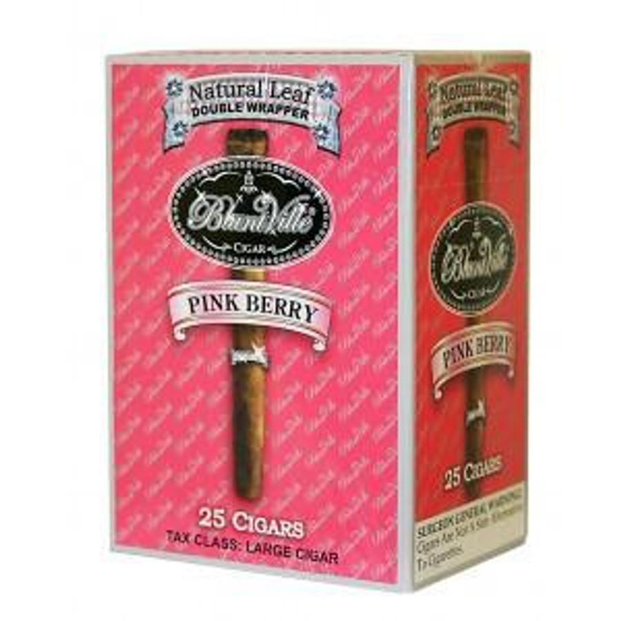 Swisher International Bluntville Cigars Pinkberry 25 Cigars, pink and red branded packaging with an illustration of the cigar.