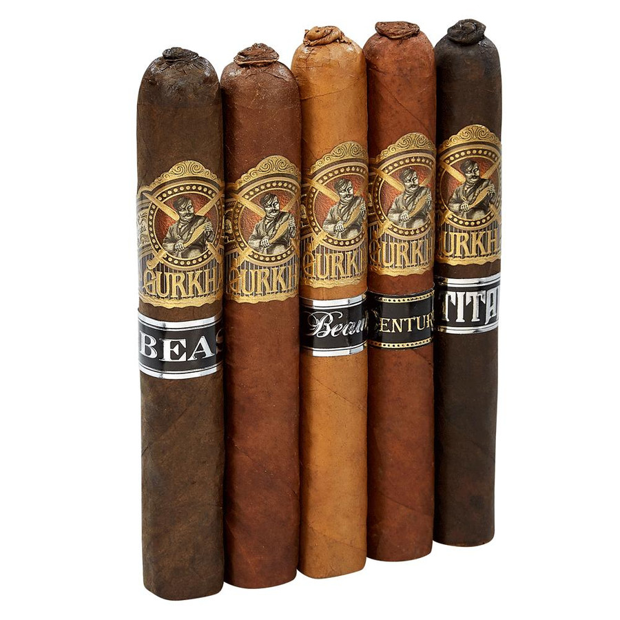 Gurkha Pigtail Toro Sampler 5 Cigars, five assorted cigars with detailed labels and varied dark and light brown wrappers.
