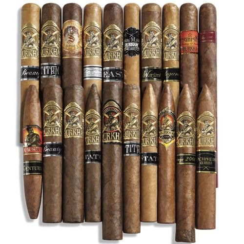 Gurkha Kitchen Sink Collection Cigars Sampler, assortment of various cigars with diverse labels and sizes arranged in a neat grid.