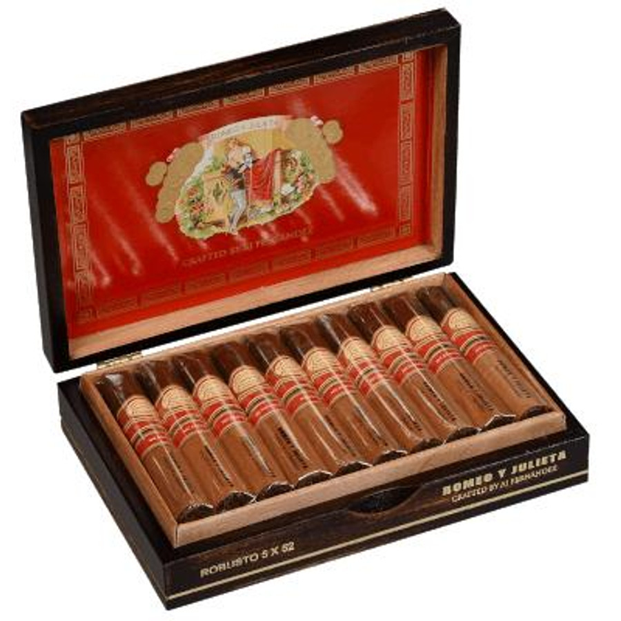 AJ Fernandez Romeo Y Julieta Crafted By Aj Fernandez Robusto Cigars 20 Ct. Box, open box displaying neatly arranged cigars with red and gold bands inside a decorative black and red container.