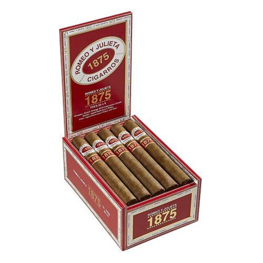 Romeo y Julieta 1875 by Romeo y Julieta Bully Cigars 15Ct. Box, opened with cigars neatly arranged inside, featuring elegant red and gold packaging design.