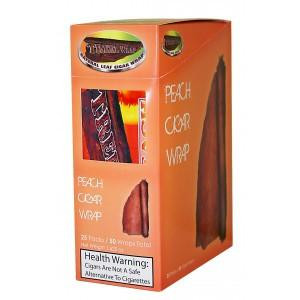Treez Wrap Tobacco Treez Wrap Peach, product packaging showing a natural tobacco leaf flavor with peach aroma, 25 packs inside for aromatic tobacco enjoyment.