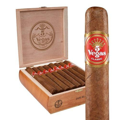 5 Vegas Classic Double Corona Cigars 25Ct. Box, featuring a bundle of cigars inside a wooden box with the 5 Vegas logo on the lid and a single cigar in the foreground with a red and gold band.