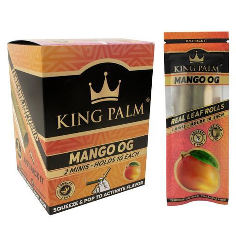 King Palm Wraps King Palm Mini Rolls Mango OG 20/2Pk, image showing the packaging of the mini rolls and the box with mango flavor.