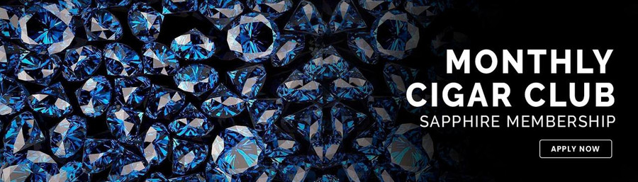 Sapphire Level Cigar Club, image of sparkling blue gemstones and diamonds with promotional text for monthly cigar club Sapphire membership and apply now button.