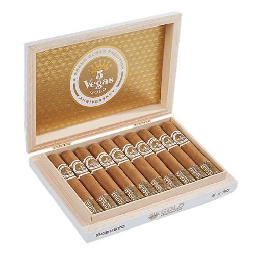 Perdomo 5 Vegas Gold Anniversary Robusto Cigars 20Ct. Box, open wooden cigar box displaying 20 cigars inside with gold and white branding on the bands