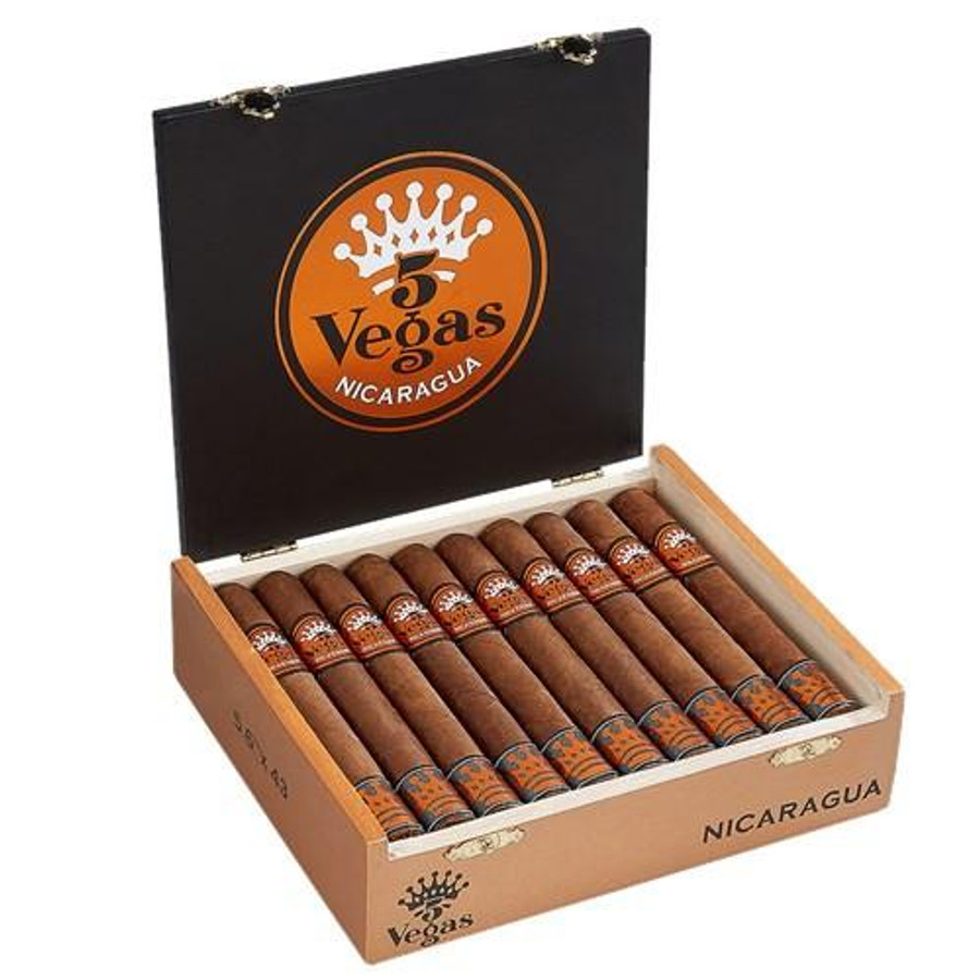 5 Vegas Nicaragua Corona Limited Edition Cigars 20Ct. Box, a wooden box containing 20 cigars with a black and orange logo on the lid.