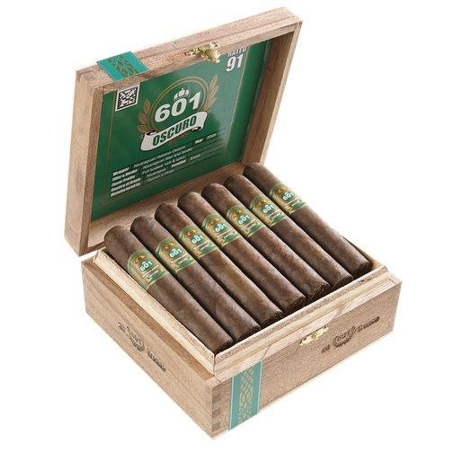 601 Green Habano Oscuro Tronco Cigars 20Ct. Box, open wooden box displaying ten cigars with green labels and a green interior lid.
