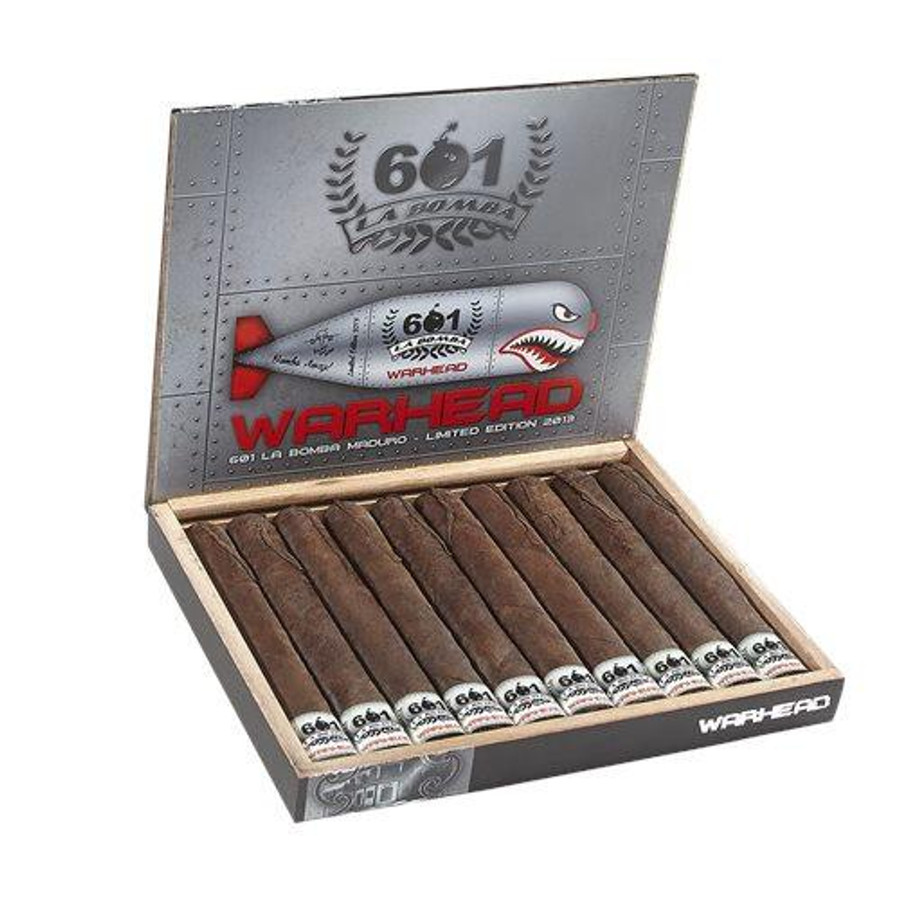 601 La Bomba Atomic Cigars 10Ct. Box, open box displaying ten cigars with packaging and branding. 601 La Bomba Atomic Cigars 10Ct. Box, open box displaying ten cigars with packaging and branding.