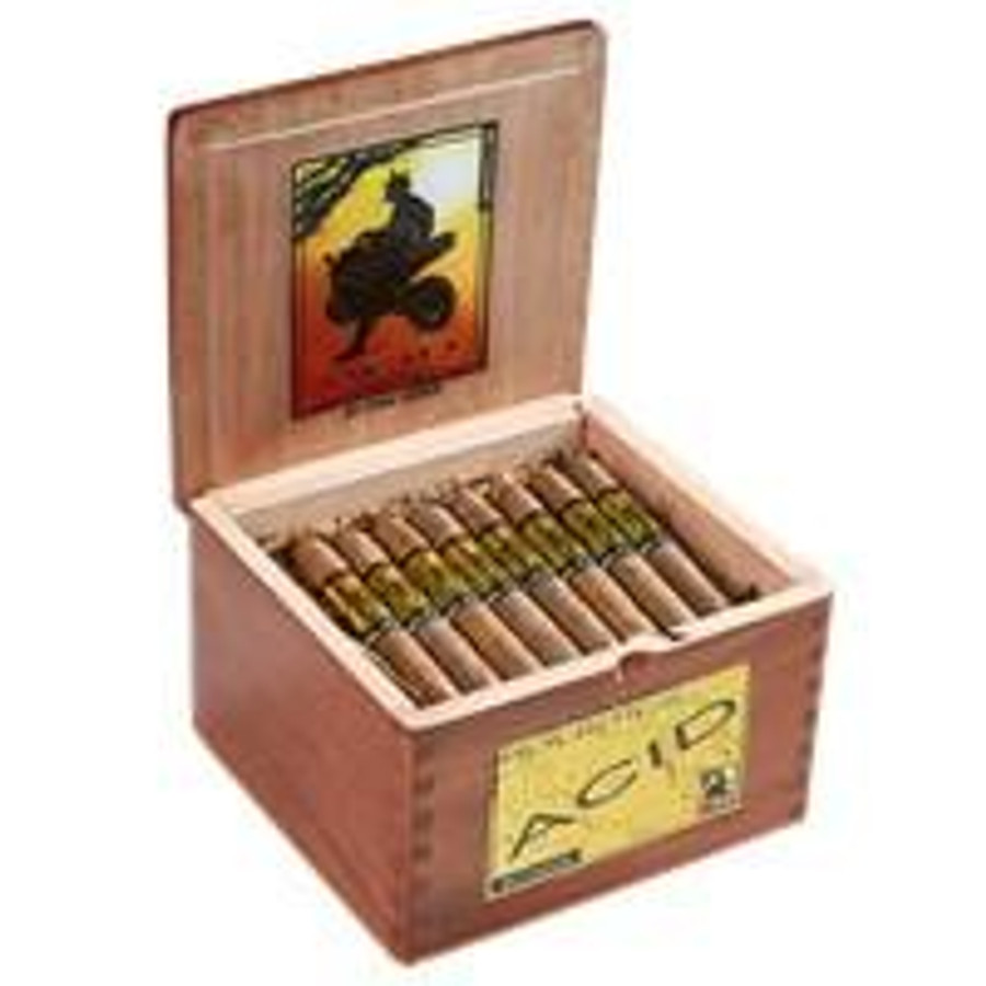 Drew Estate ACID Cigars by Drew Estate Blondie Gold Sumatra 40Ct. Box, an open wooden cigar box containing 40 cigars with a colorful label inside the lid.