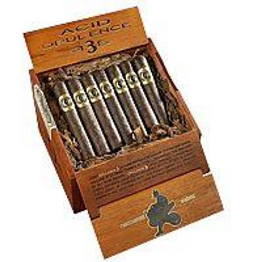 Drew Estate ACID Opulence 3 Toro Cigars 21Ct. Box, open cigar box displaying 21 cigars with the ACID Opulence branding on the packaging.
