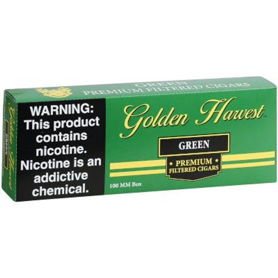 Rouseco Golden Harvest Filtered Cigars Green 10/20, green and black packaging box with product name and warning label.