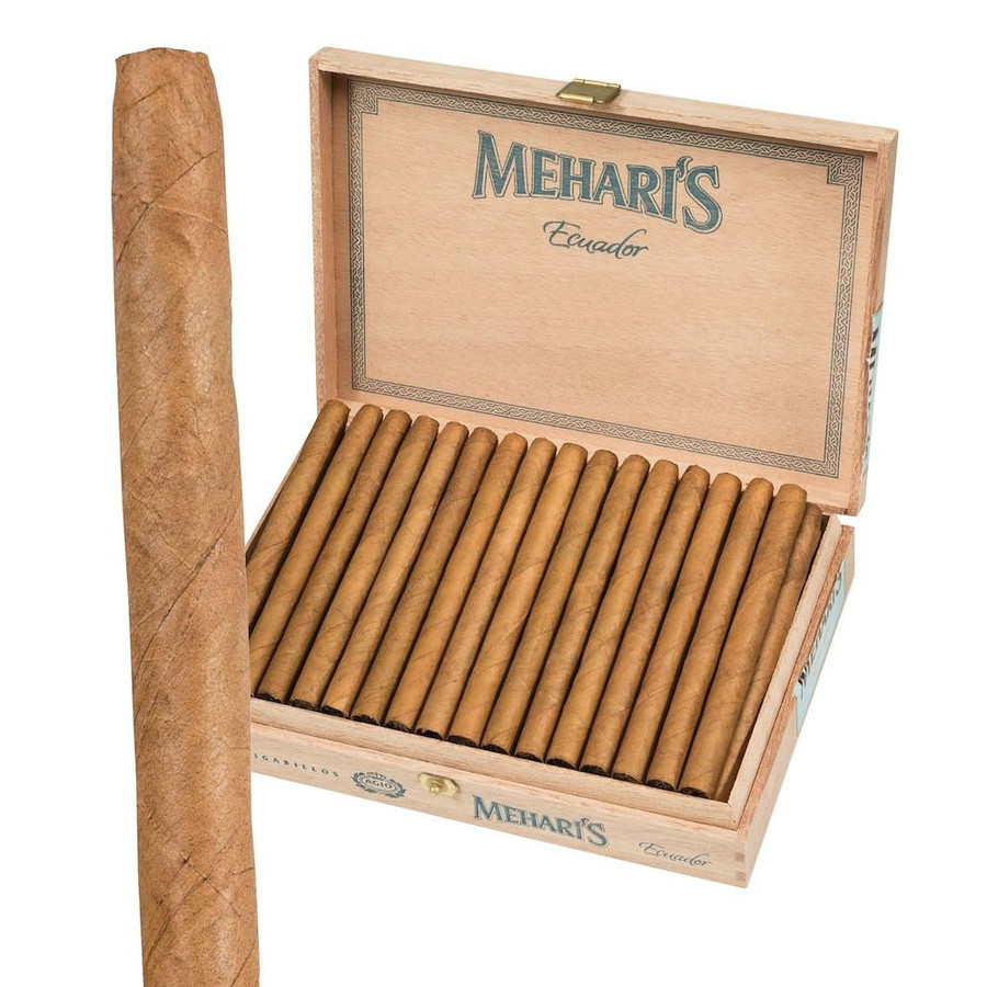 Agio Mehari's Ecuador Cigarillos 50Ct. Box, an open wooden box containing 50 cigarillos with one cigarillo outside the box, showcasing the light brown color and smooth texture of the cigars.
