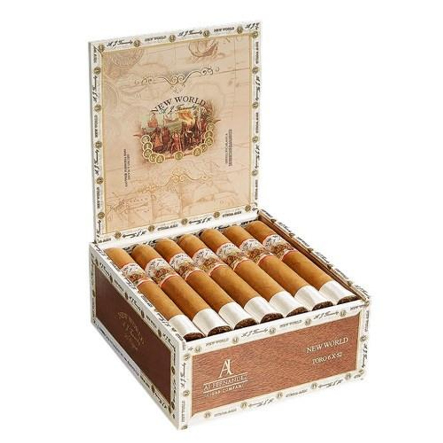 AJ Fernandez New World Connecticut by AJ Fernandez Toro Cigars 20Ct. Box, a wooden box containing twenty cigars with light brown wrappers and decorative bands, opened to display the cigars inside.