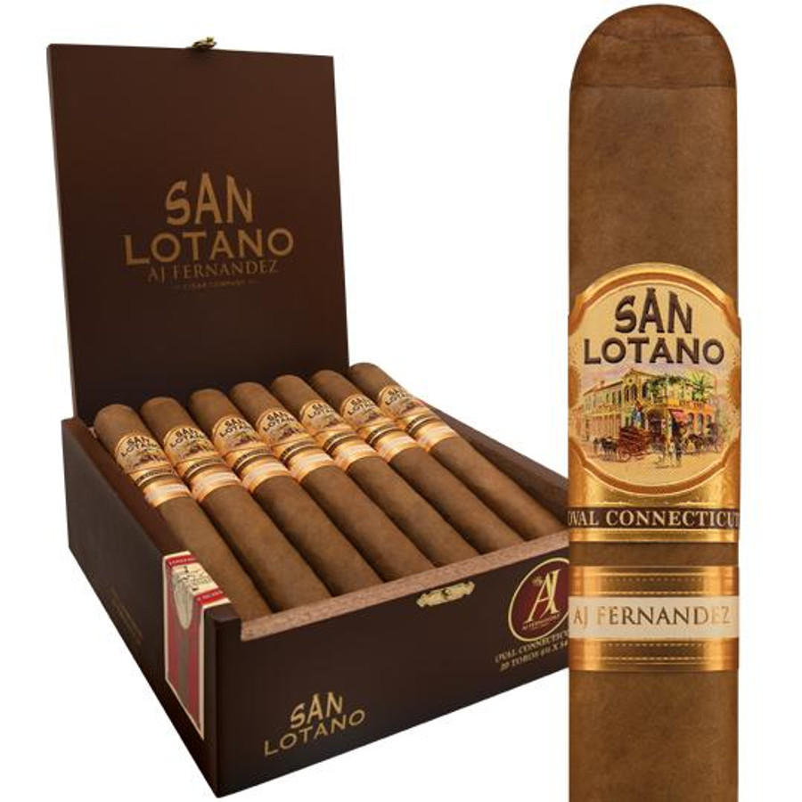 AJ Fernandez San Lotano Oval Connecticut Corona Cigars 20Ct. Box, open box showing ten cigars with brown wrappers and artwork on the cigar band, alongside a single cigar with detailed label featuring a vintage scene.