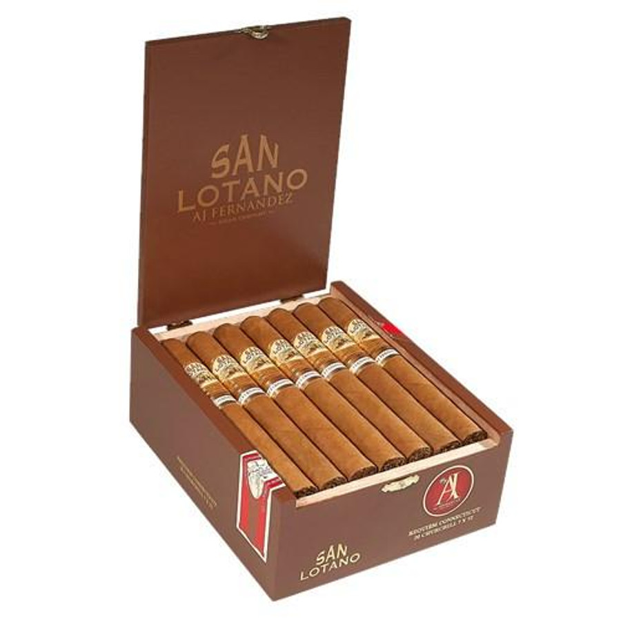 AJ Fernandez San Lotano Requiem Connecticut Churchill Cigars 20Ct. Box, open box showing neatly arranged cigars with bands and a brown interior lid.