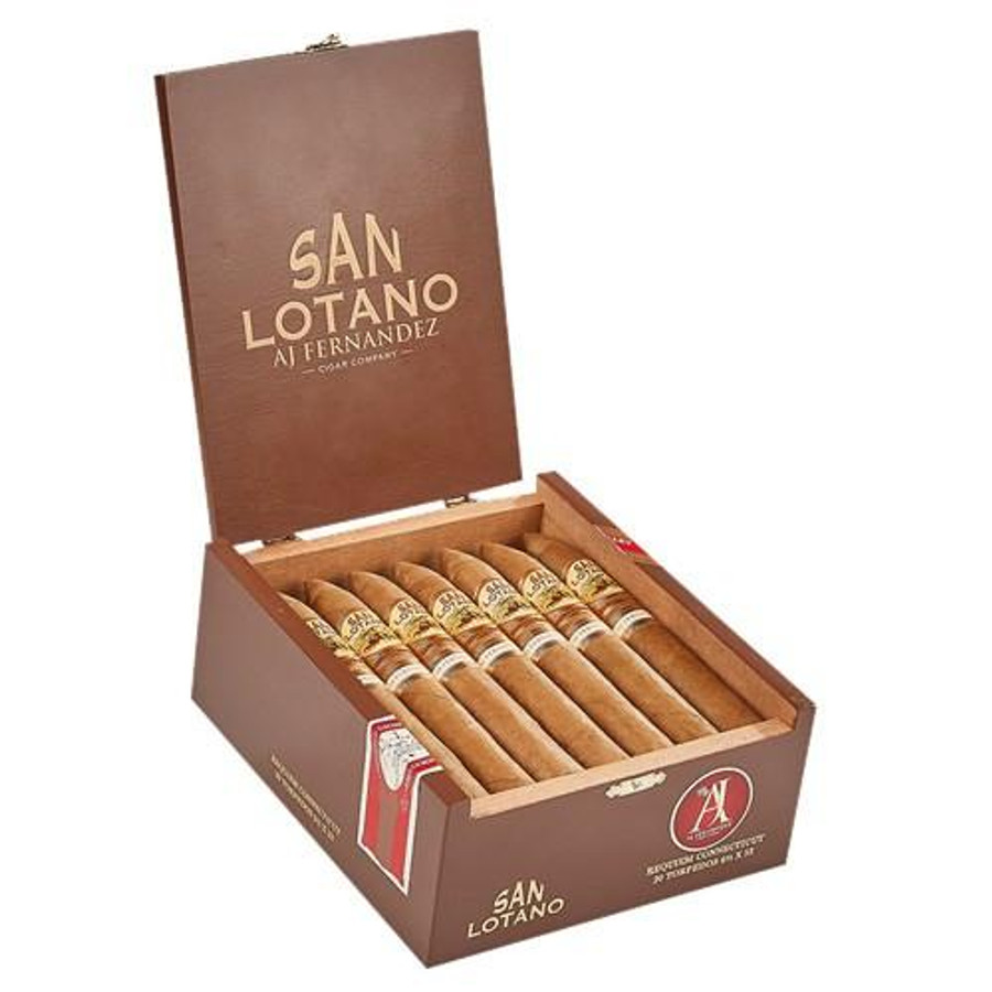 AJ Fernandez San Lotano Requiem Connecticut Torpedo Cigars 20Ct. Box, open wooden cigar box displaying cigars inside.