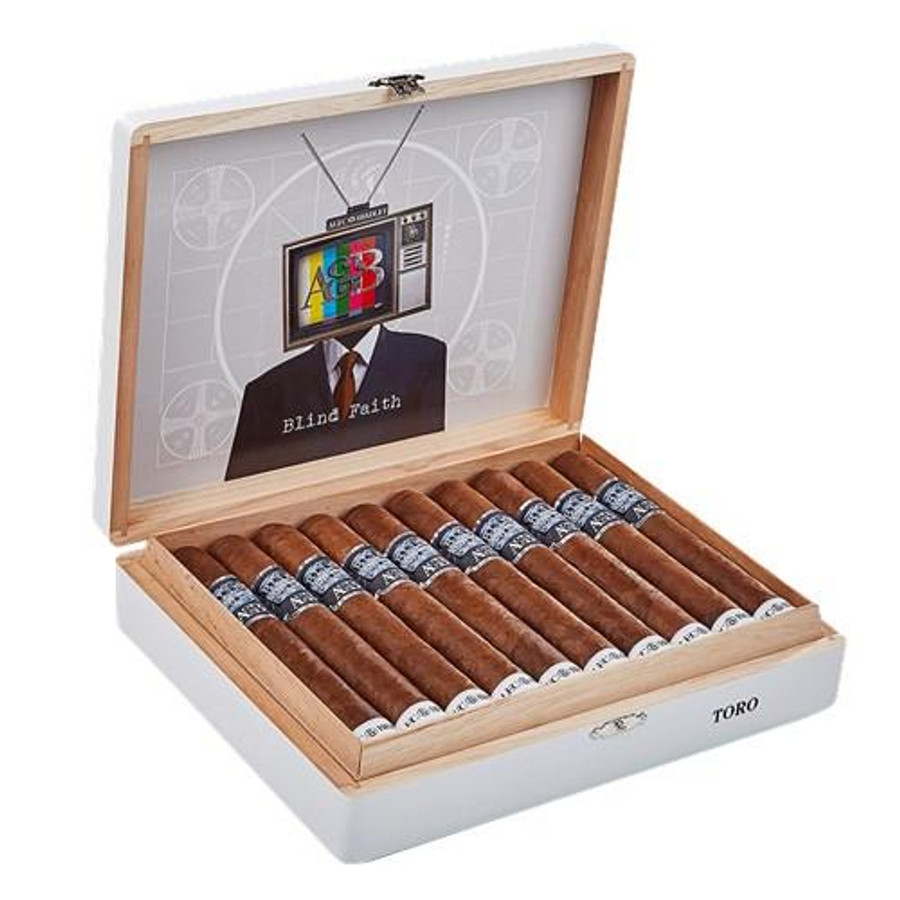 Alec Bradley Alec & Bradley Blind Faith Toro Cigars 24Ct. Box, a wooden box containing 24 cigars with labels, and an artistic graphic design on the inside of the lid featuring a person with a television head.